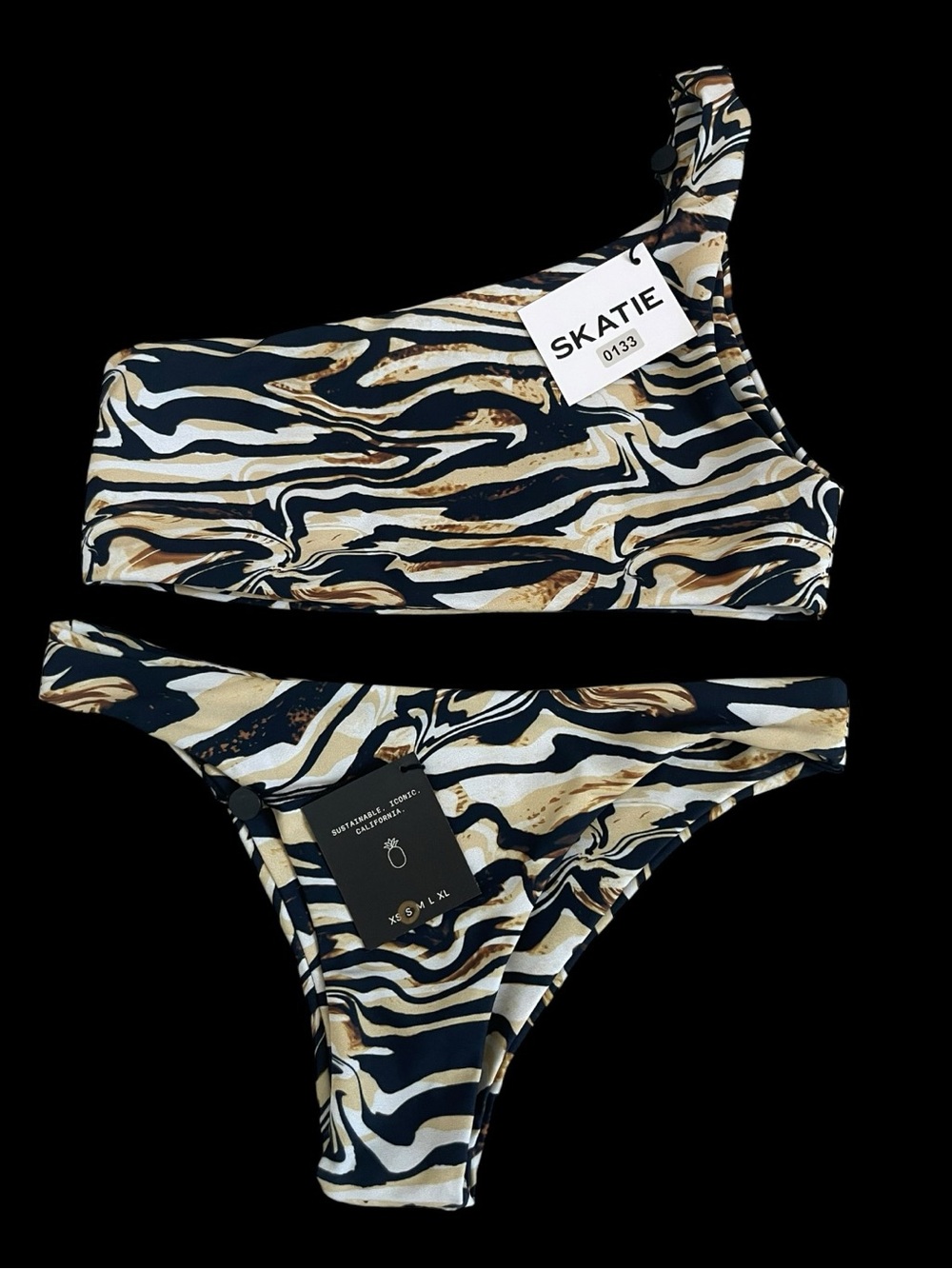 SKATIE Ellis Dylan Bikini Set Zebra Print One Shoulder S NWT $143 Retail